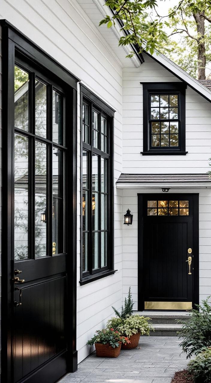 Timeless black and white home exterior with white siding and black trim, showcasing elegance and contrast.