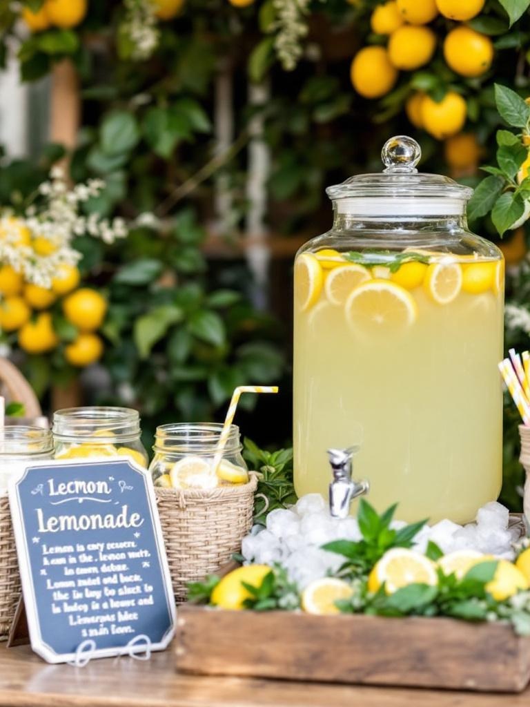Large glass dispenser of freshly squeezed lemonade with ice, fresh lemons, mint leaves, and colorful straws.