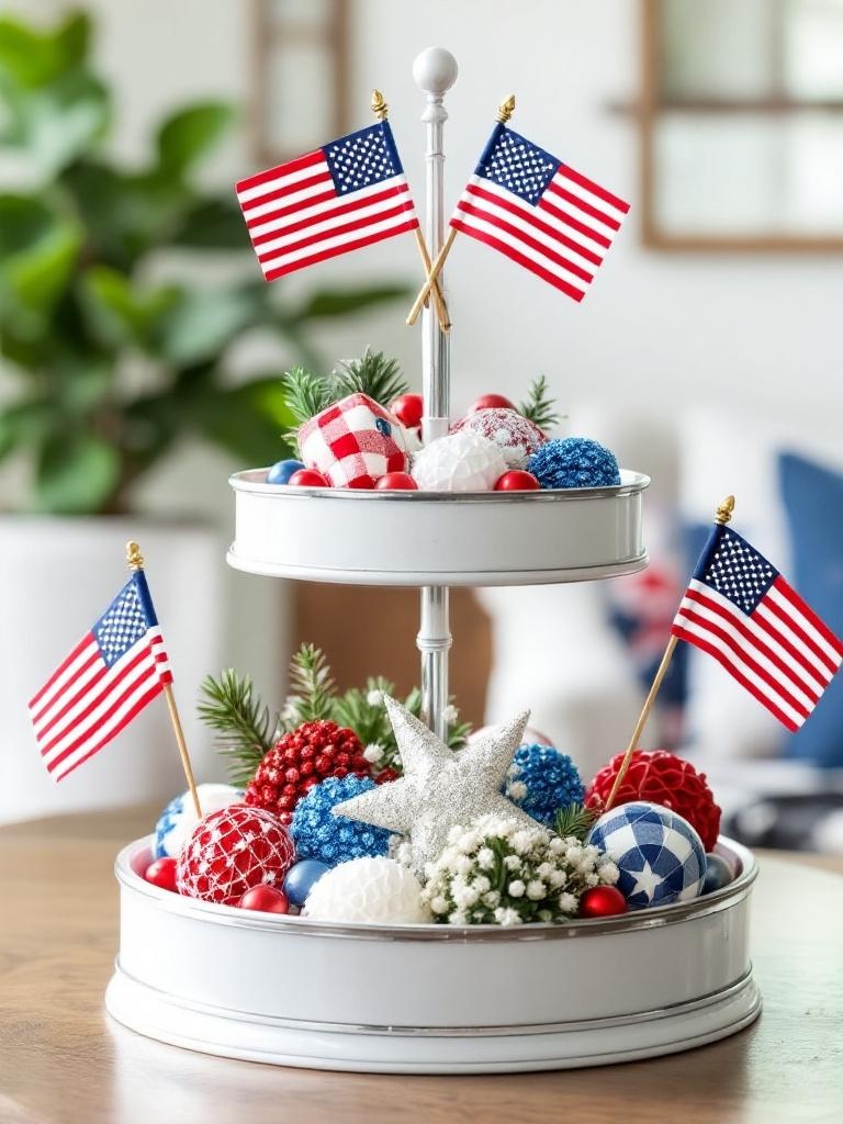 Tiered tray adorned with red, white, and blue flags, star ornaments, and decorative balls for celebration.