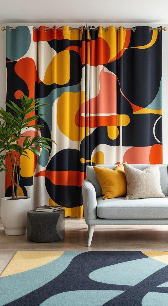Colorful mid-century modern textiles with bold abstract prints for upholstery and drapery in a room.