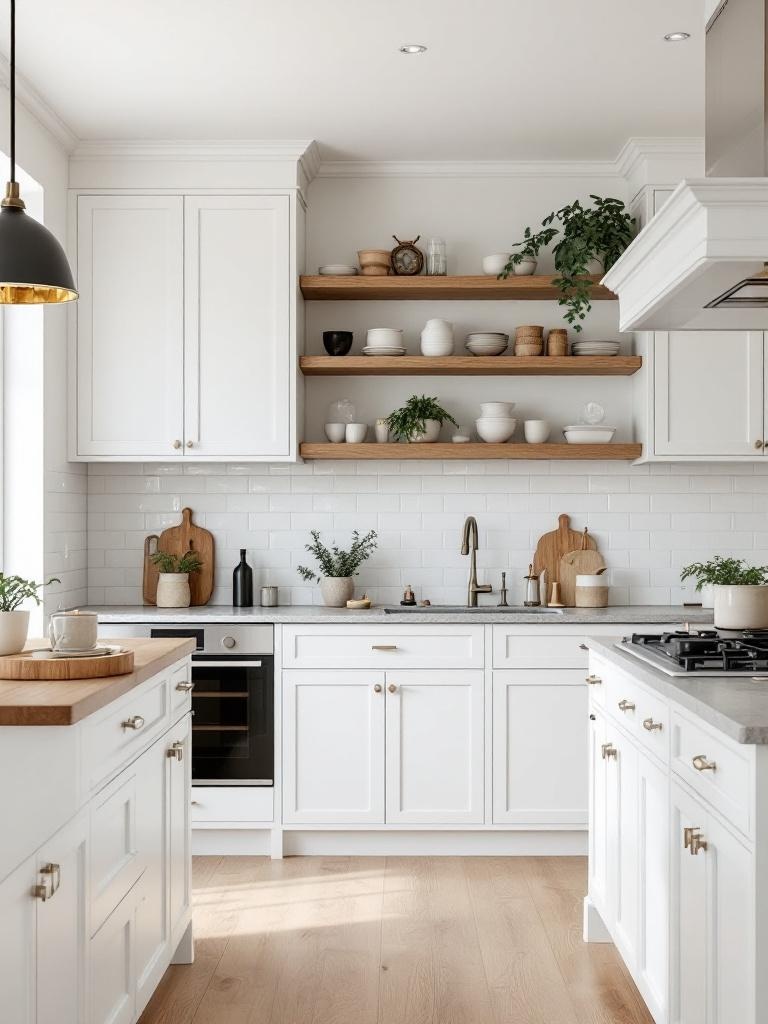 Classic white kitchen cabinets with oak accents create a warm, inviting, and timeless aesthetic.