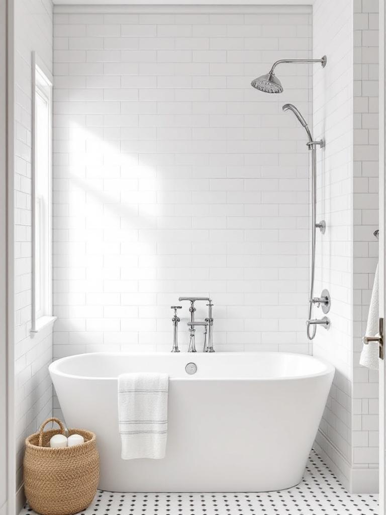 Classic white bathroom fixtures, acrylic tub, shower surround, chrome hardware, and subway tiles.