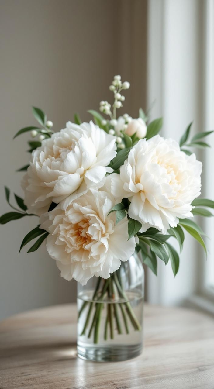 A collection of white peonies in a glass vase, creating an elegant, monochromatic centerpiece.