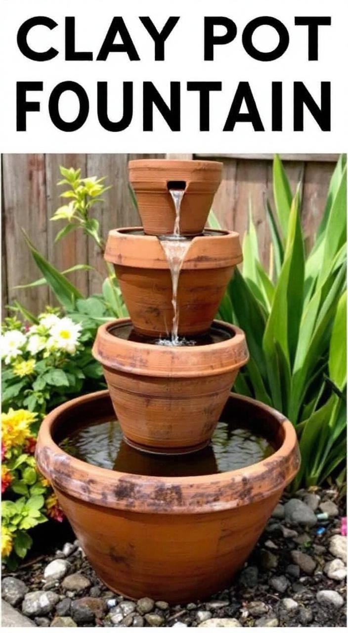 DIY clay pot fountain with stacked pots, water circulating from larger to smaller pots, rustic charm.