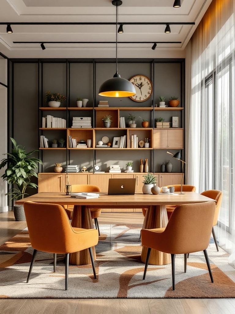 Home office designed for collaboration with large table, comfortable seating, and open layout.