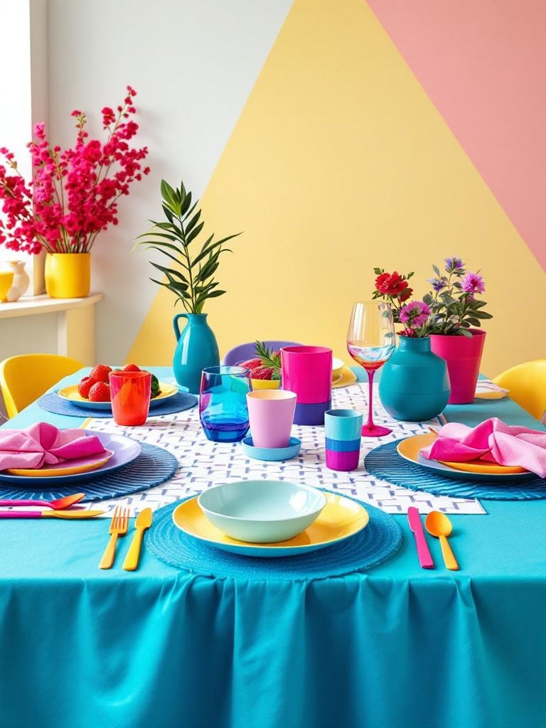 Color block tablescape featuring electric blue, hot pink, and bright yellow table linens and accessories.