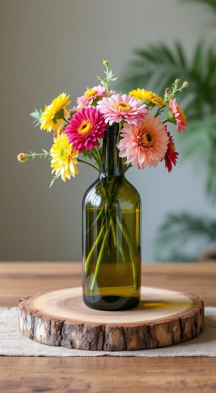 Empty wine bottle vase filled with seasonal flowers on a rustic wood slab for a charming centerpiece.