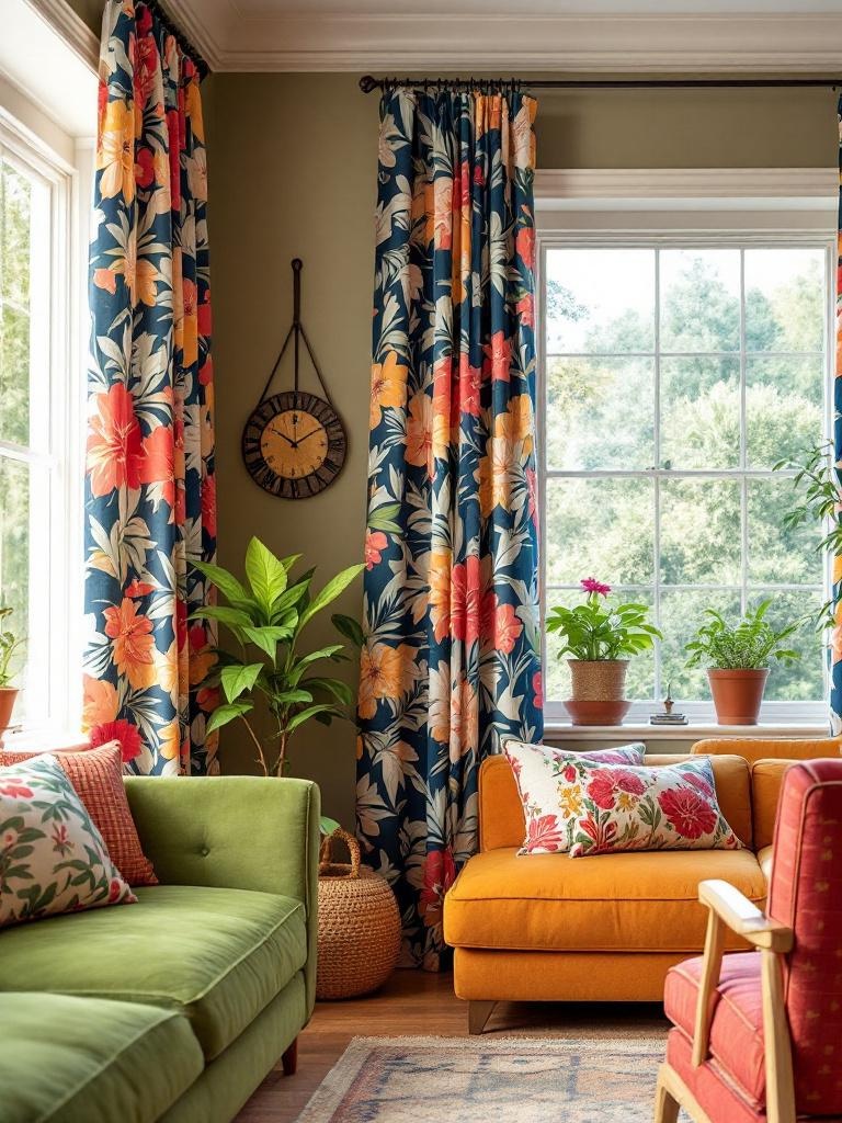 Vibrant curtains in a living room add color, patterns, and sunlight filtration for a warm atmosphere.