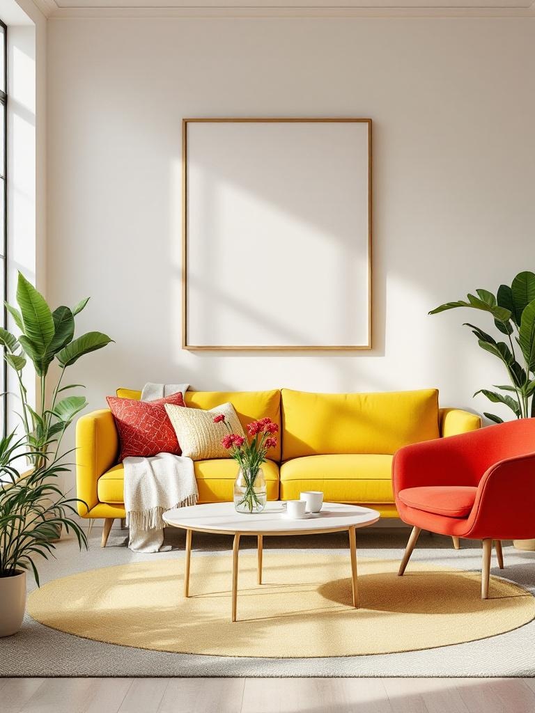 A bright yellow sofa and a striking red armchair enhance the living room's ambiance with color.