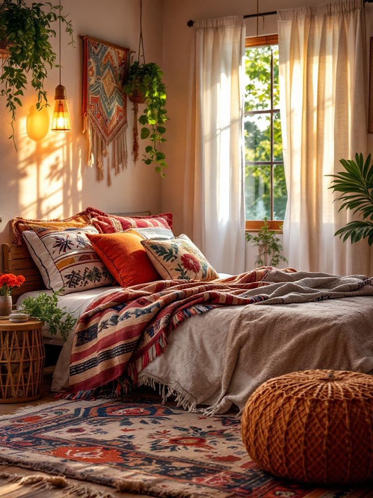 Bohemian bedroom with vibrant textiles, layered rugs, throws, and cushions in bold colors and patterns.