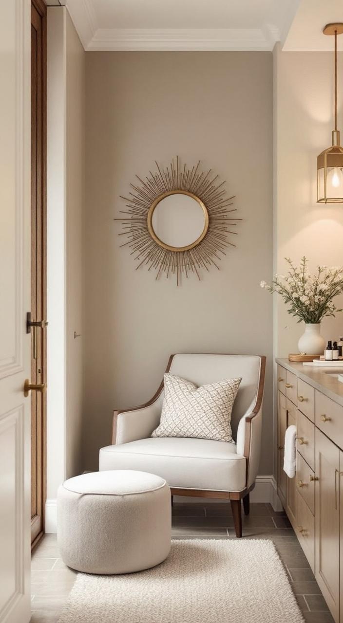 A cozy bathroom featuring an accent chair and pouf for relaxation and functional beauty treatments.