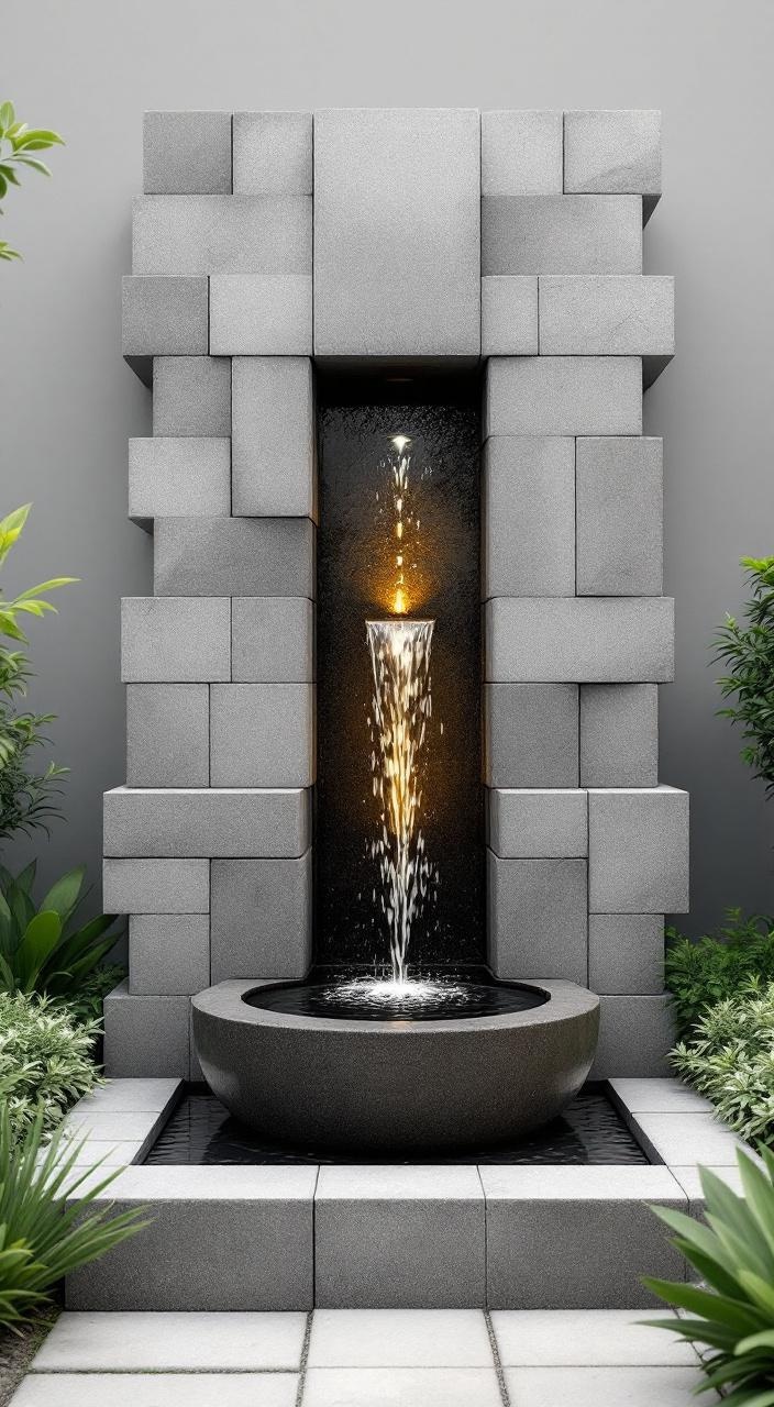 Contemporary concrete block fountain with water gurgling, surrounded by minimal landscaping in urban setting.