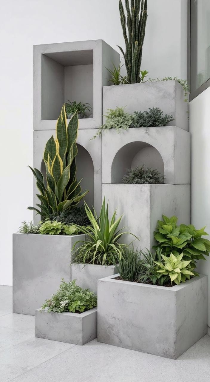 Modern concrete block planter design showcasing geometric arrangement filled with soil and plants.