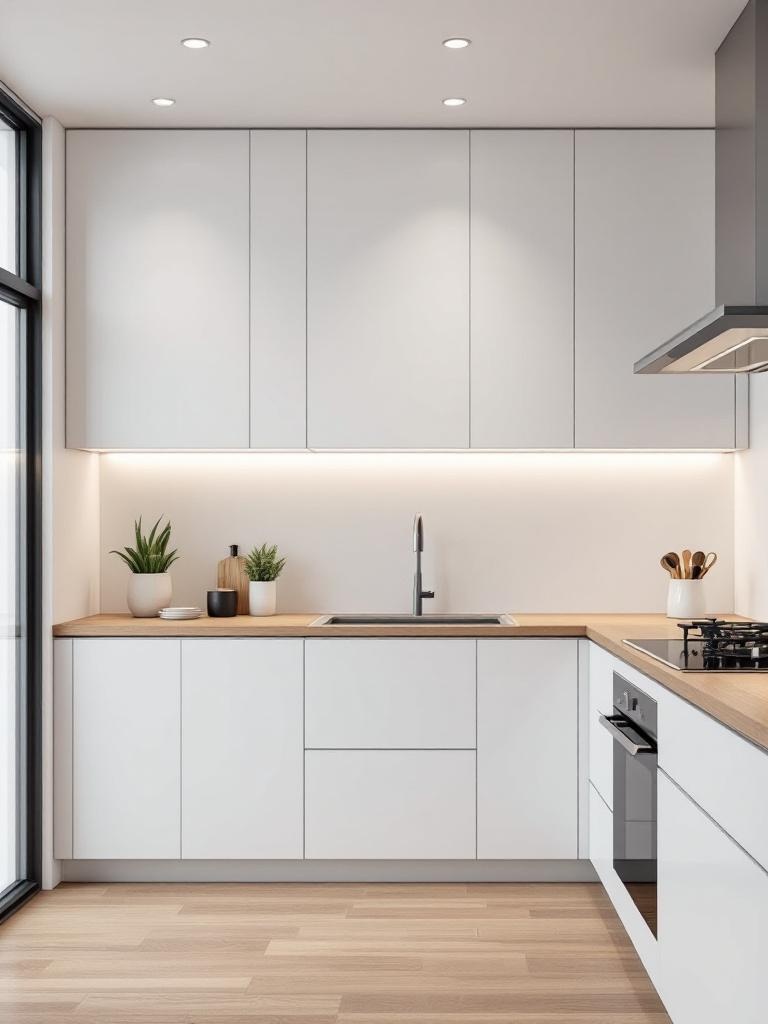 Modern minimalist white and wood kitchen with handle-less cabinets and wooden countertop for elegance.