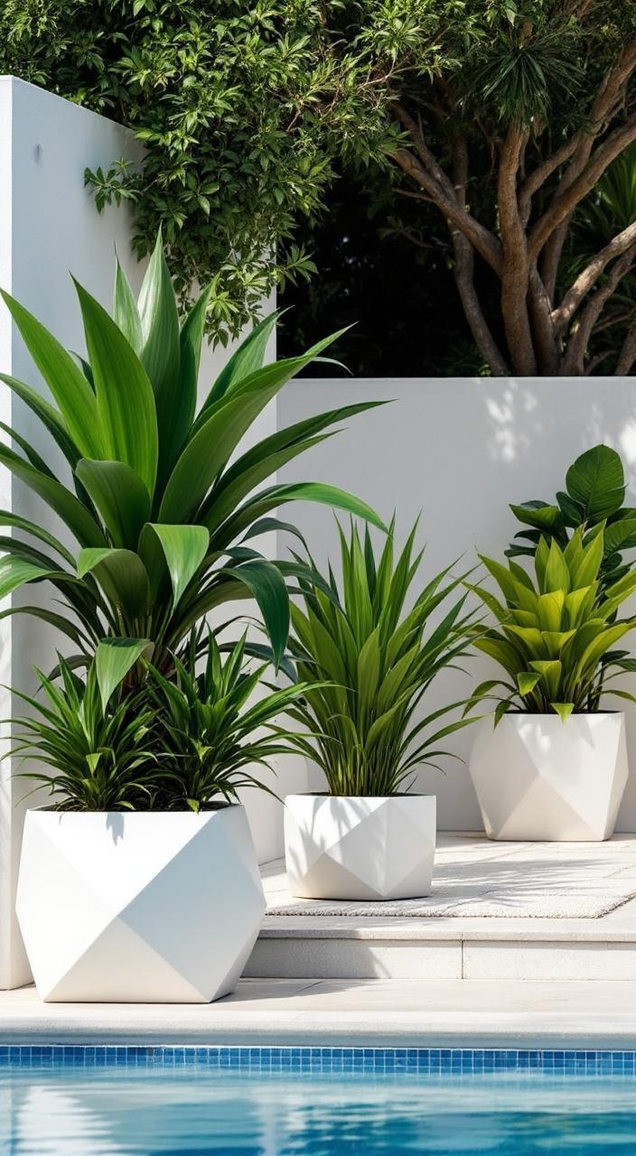 Sleek geometric planters with bold foliage plants enhance a modern poolside decor with greenery.