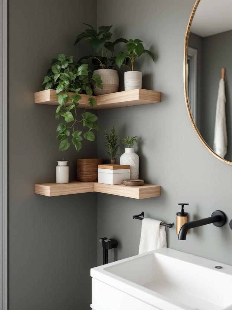 Corner floating shelves in a compact bathroom, showcasing plants and decorative boxes for style and storage.