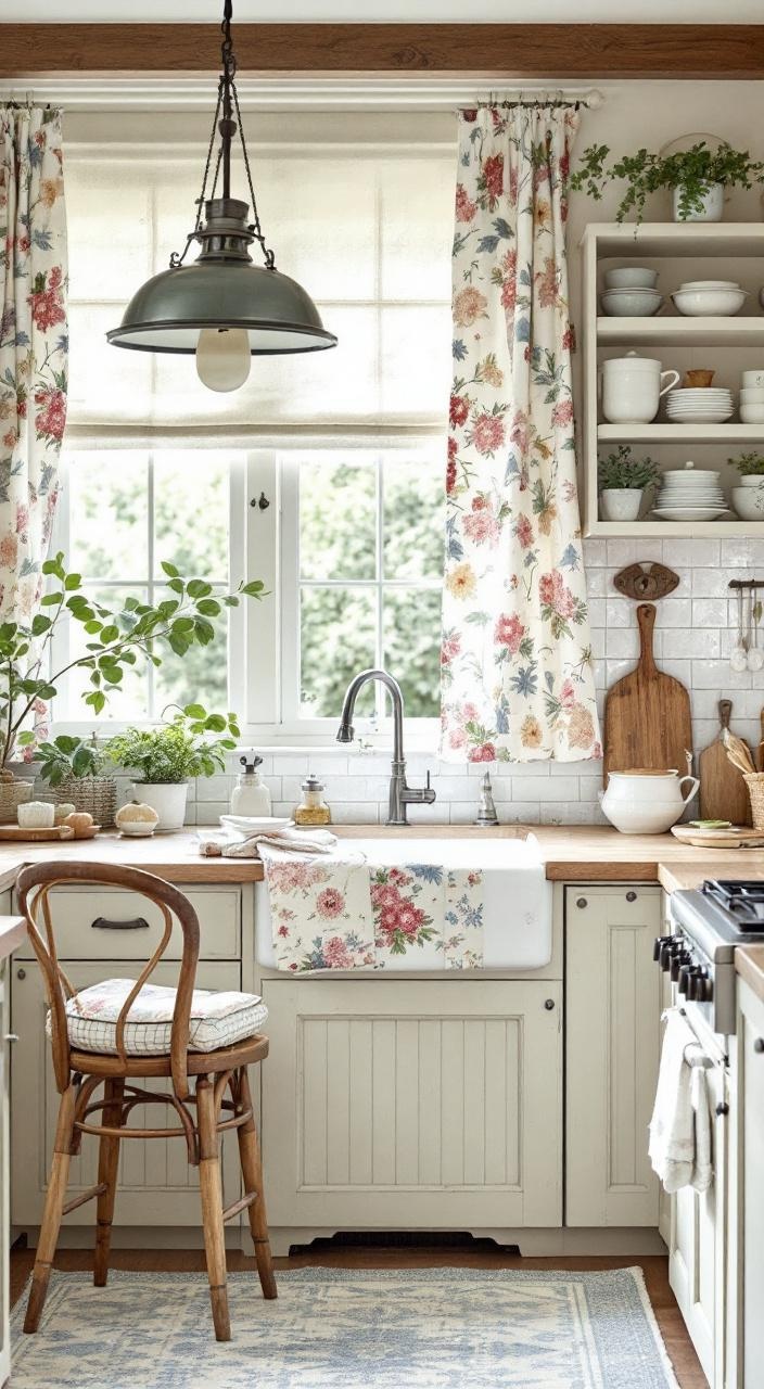Cottage kitchen decor featuring soft linen, cotton, and gingham textiles in curtains and tablecloths.