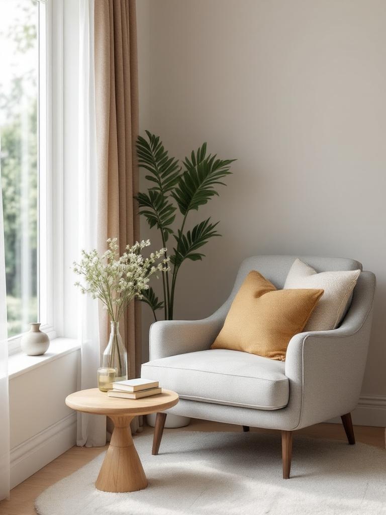 Cozy reading nook in home office with chair, pillows, side table, and natural light by the window.
