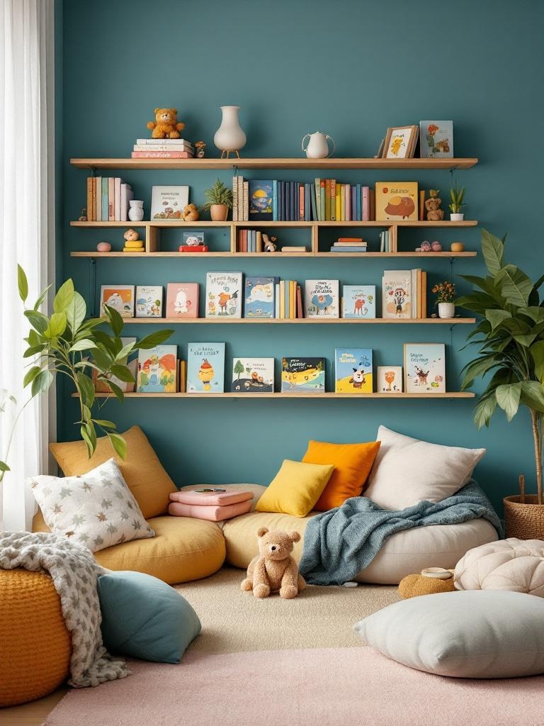 Cozy daycare reading nook with bean bags, cushions, and bookshelves promoting a love for literature.