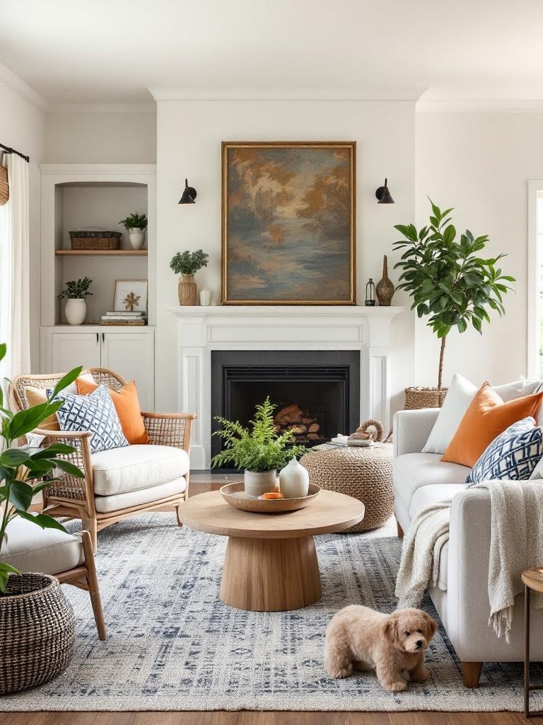 Cozy farmhouse living room with oversized seating, colorful throw pillows, and lightweight blankets.