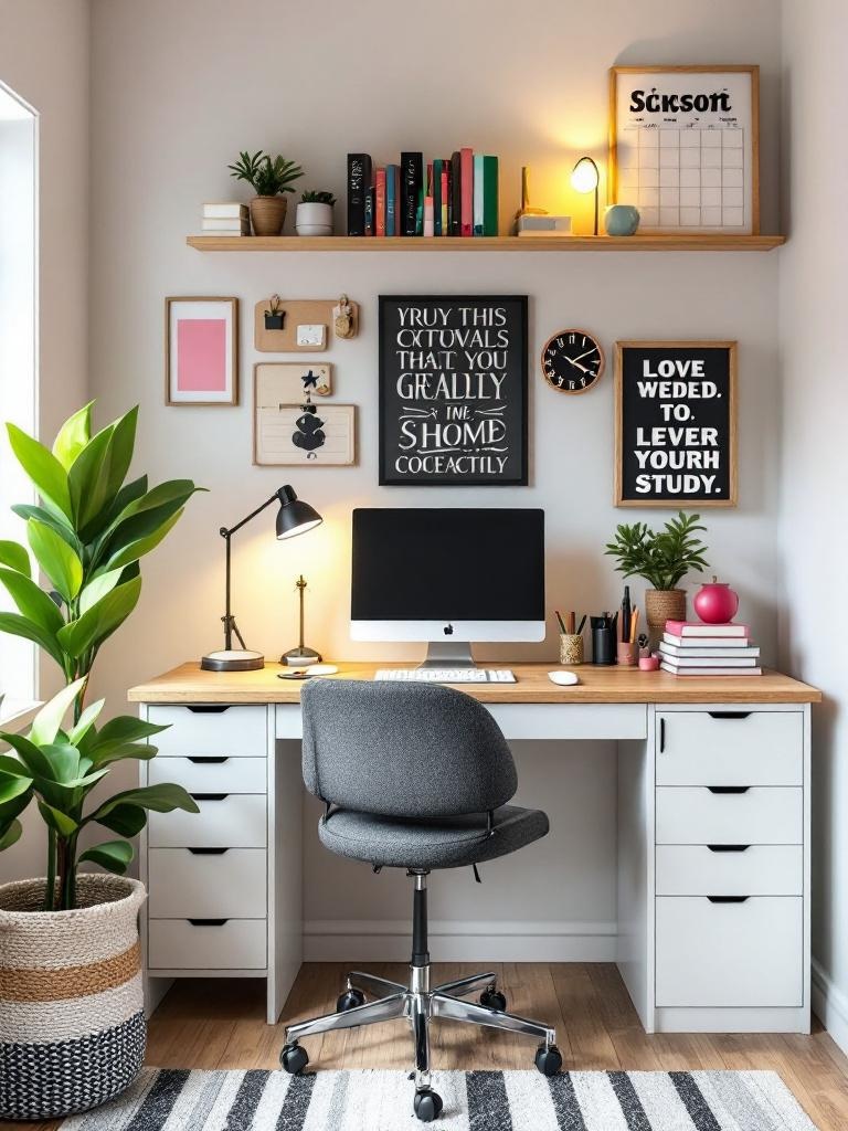 A well-lit and organized dorm study nook with inspiring quotes and minimal distractions for focus.