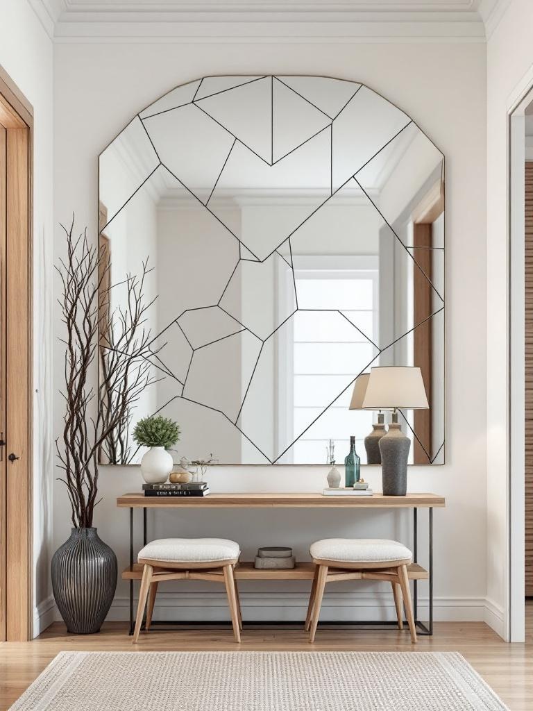 Custom-built mirror wall in entryway, tailored size and design for a unique home focal point.