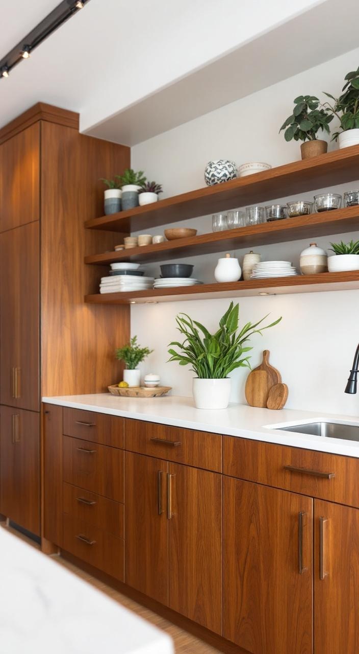 Custom cabinetry and shelving in mid-century style, featuring sleek lines and matching wood finishes.