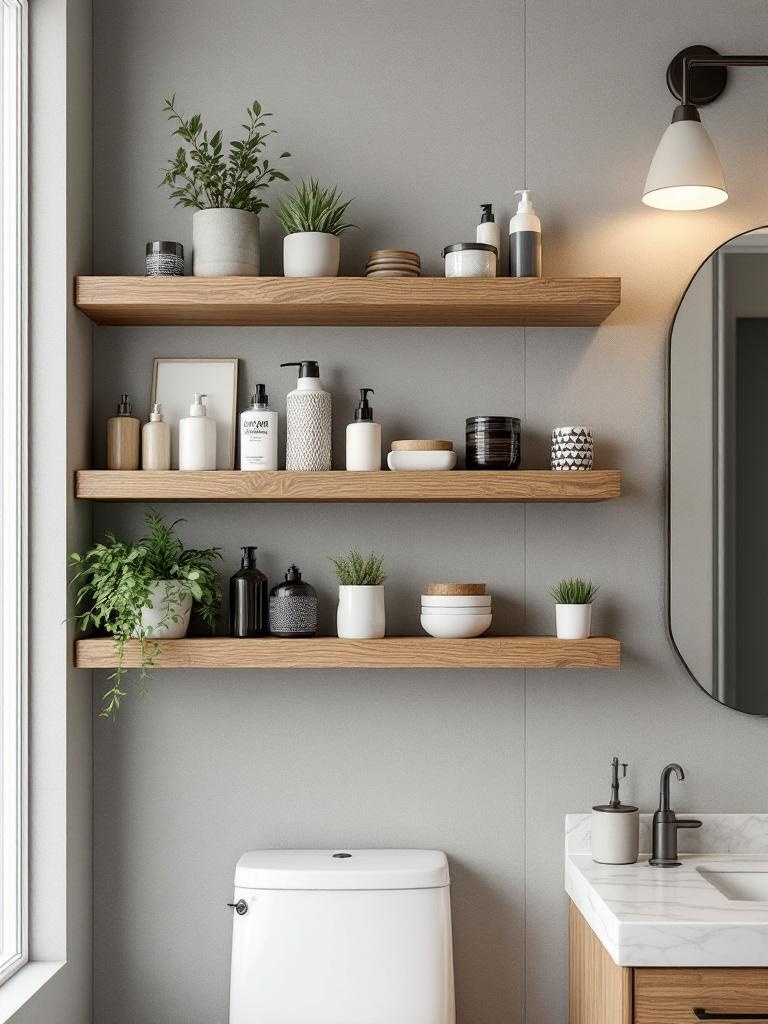 Customizable floating shelves for bathroom organization, adjustable for perfect fit and personal style.