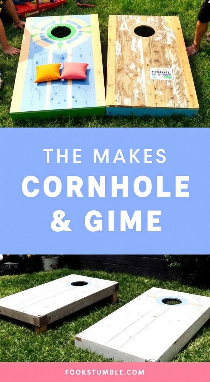 Two colorful cornhole boards with bean bags set up for a friendly outdoor game at a gathering.