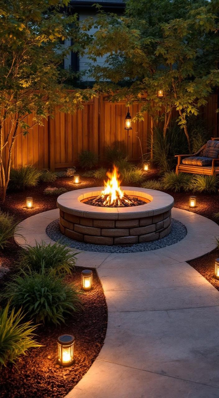 Cozy outdoor fire pit area illuminated with solar lights and lanterns for evening gatherings.