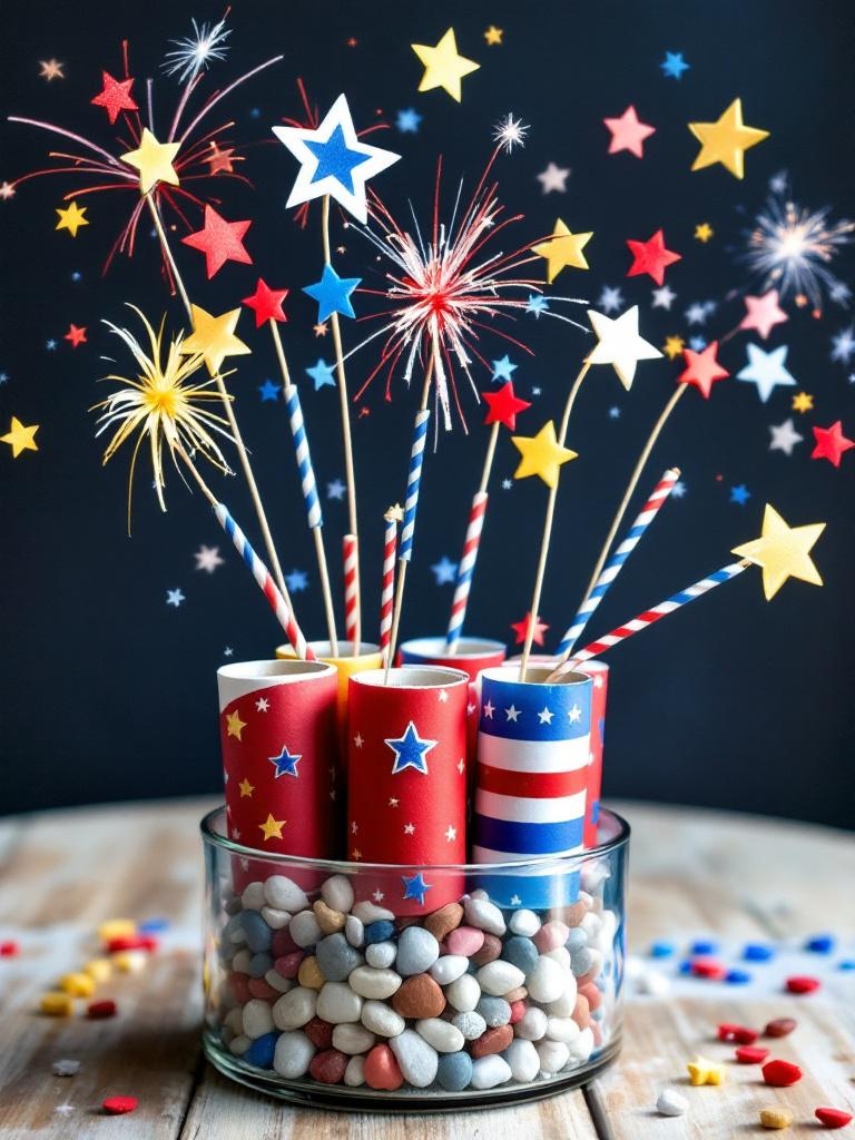 Colorful firework-themed centerpiece made with toilet paper rolls, decorative stones, and star embellishments.