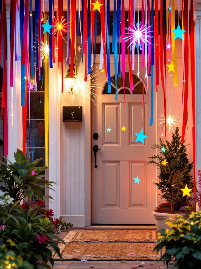 DIY firework decorations made from colorful paper hang around a front door for a festive celebration.