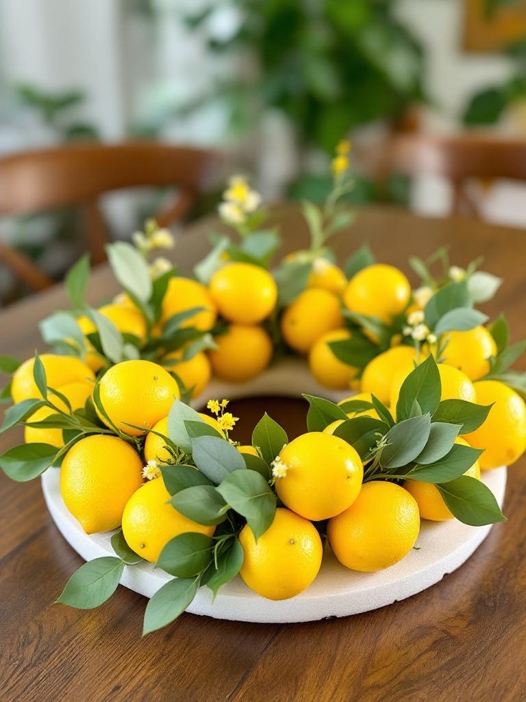 A vibrant DIY lemon wreath centerpiece with foam base, faux lemons, and greenery on a table.
