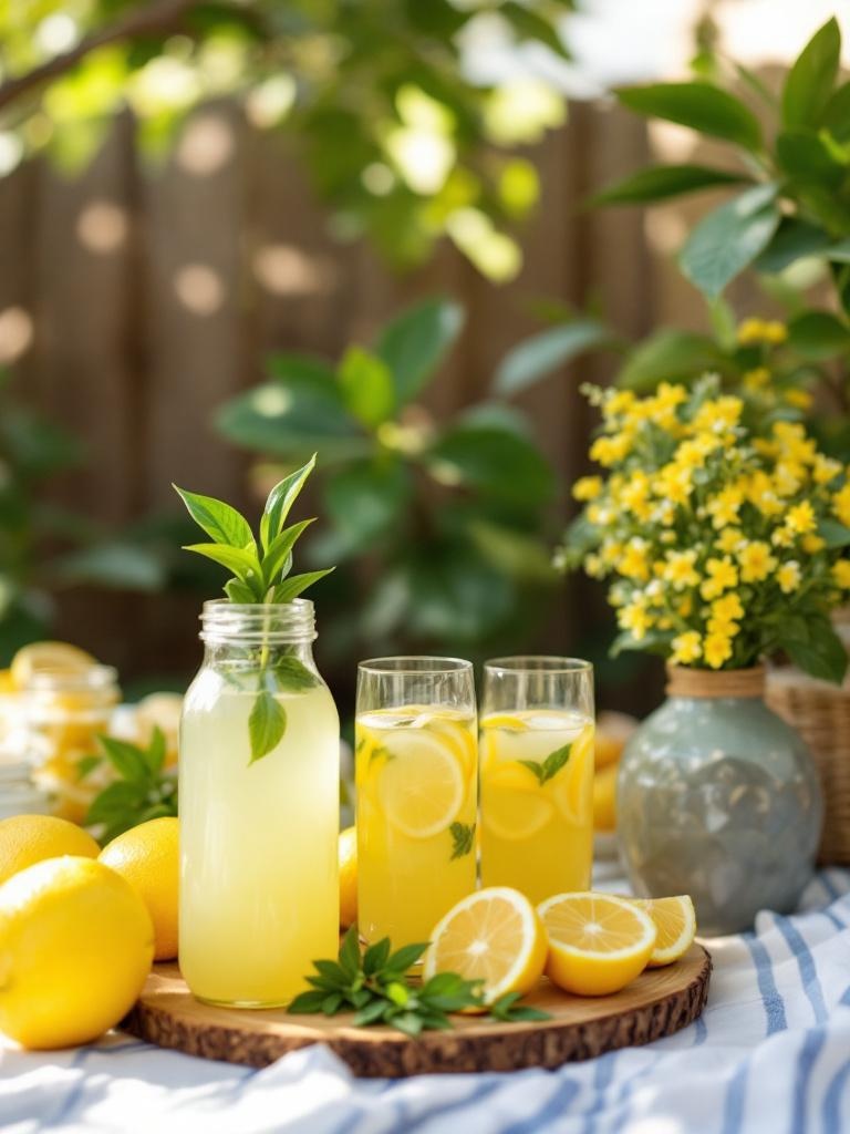 A DIY lemonade kit with fresh lemons, sweetener, instructions, fruit slices, and herbs for drinks.