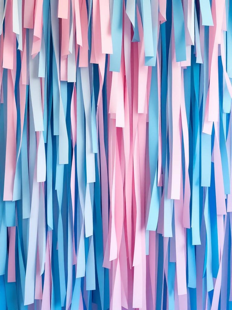 DIY paper garland backdrop for a gender reveal party with blue and pink colors and decorative elements.