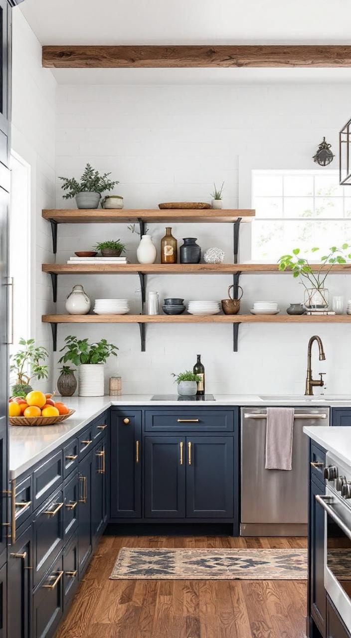Dark cabinetry with vintage wrought iron hardware, open shelving displaying dishes, creating a stylish kitchen.