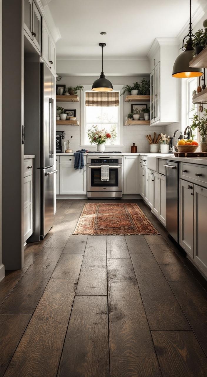 Dark hardwood flooring complements rustic kitchen design, adding elegance and warmth with layered rugs.