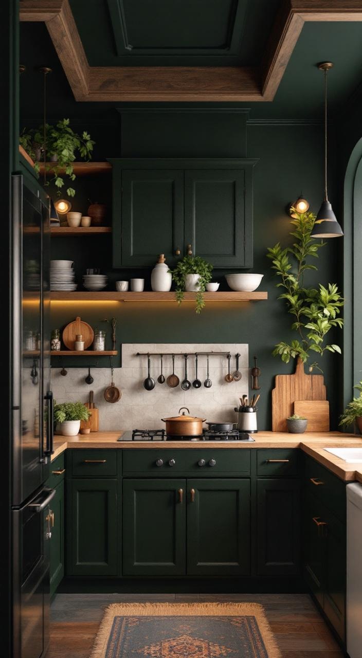 A cozy kitchen with dark-painted walls in hunter green, featuring wooden elements and warm lighting.
