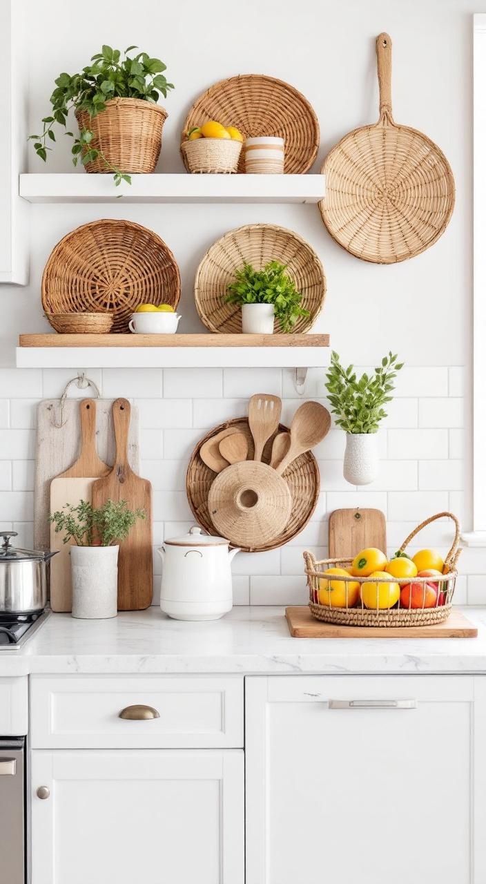 Thrifted baskets in a kitchen used for storing fruits and tools, enhancing rustic decor and organization.