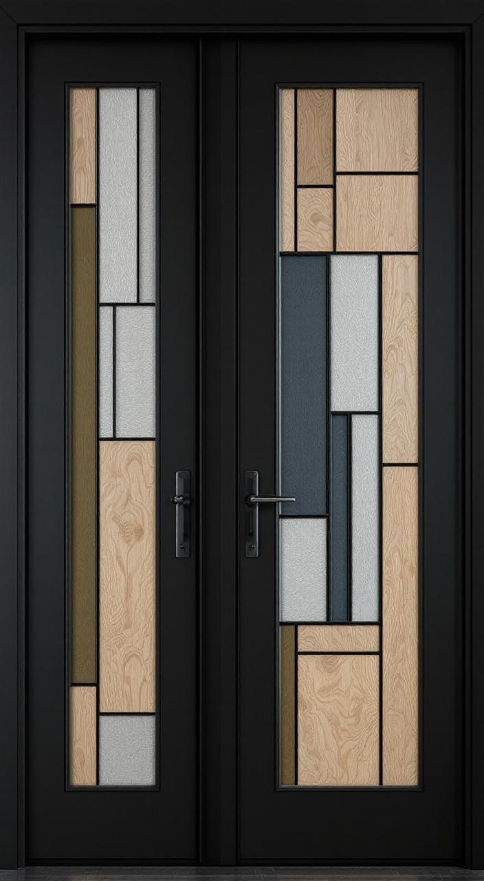 Decorative door panels in wood, geometric shapes, and fabric add texture and modern flair to entryways.