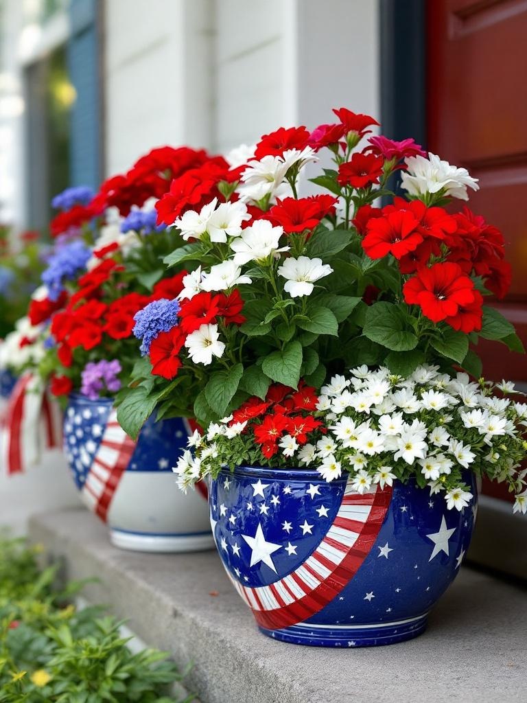 Red, white, and blue flower arrangements in decorative planters on a porch, celebrating patriotic spirit.
