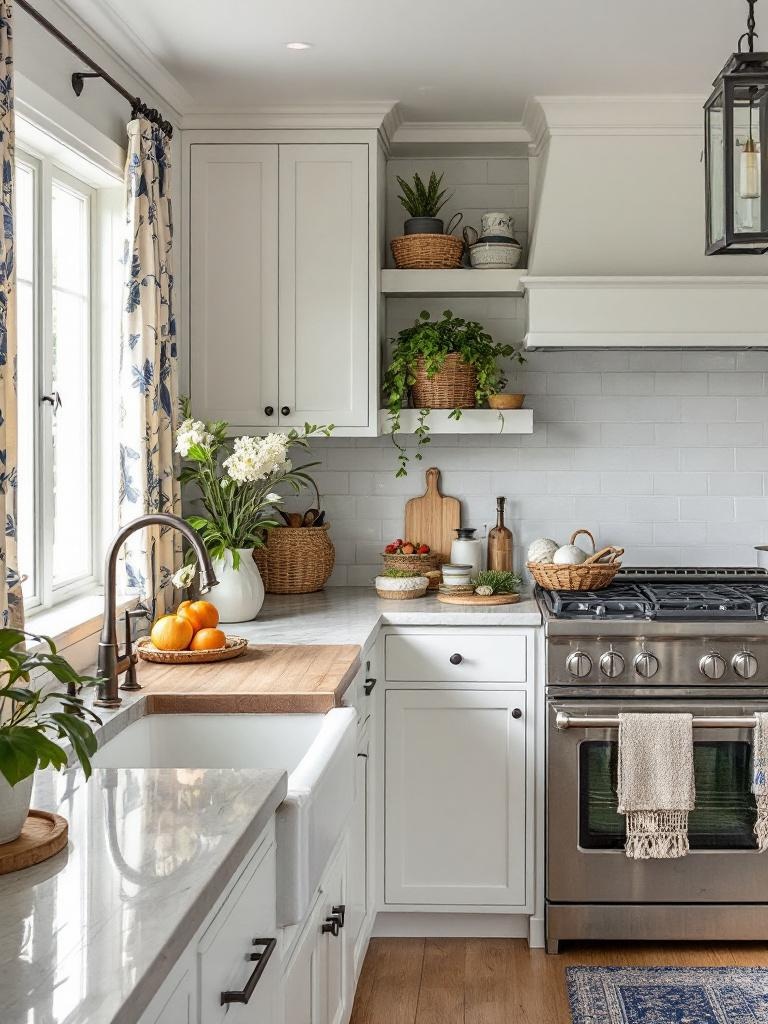 Modern farmhouse kitchen with patterned textiles, including curtains and cushions for warmth and style.