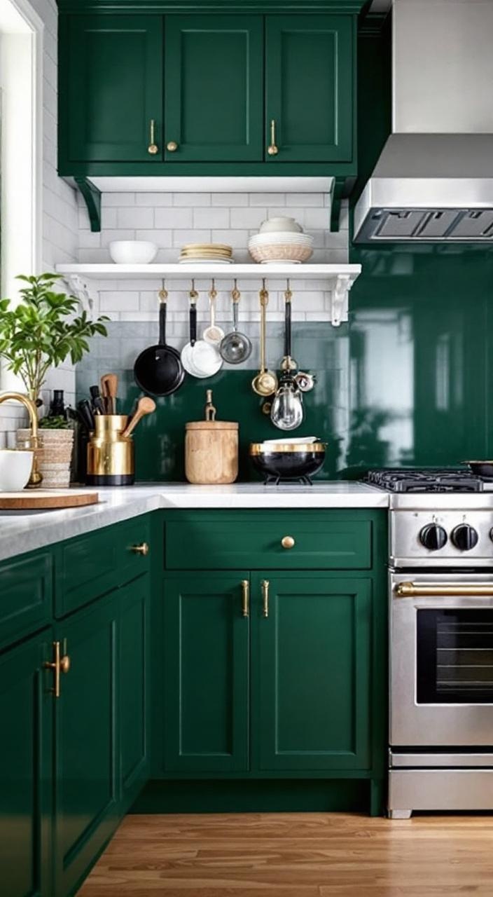 Deep emerald green kitchen cabinets create a dramatic focal point, accented by shiny brass or silver finishes.