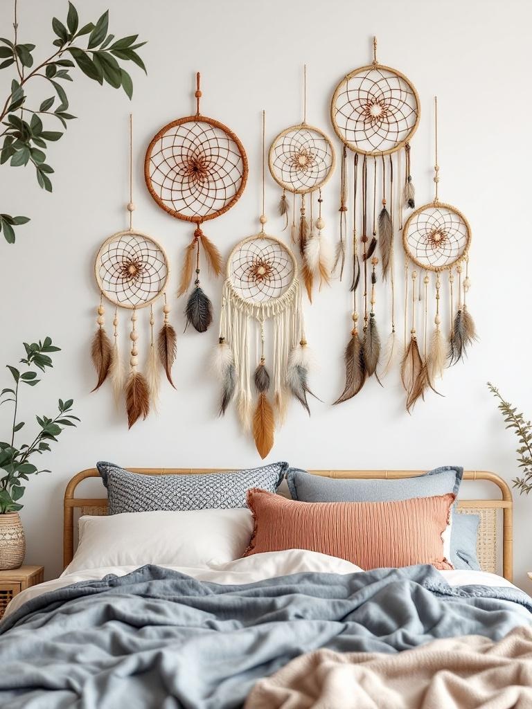 Colorful dreamcatchers hanging above a bed, symbolizing protection and good vibes in a Bohemian decor.