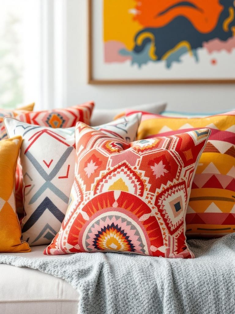 Colorful throw pillows in various patterns and textures arranged on a cozy living room sofa.