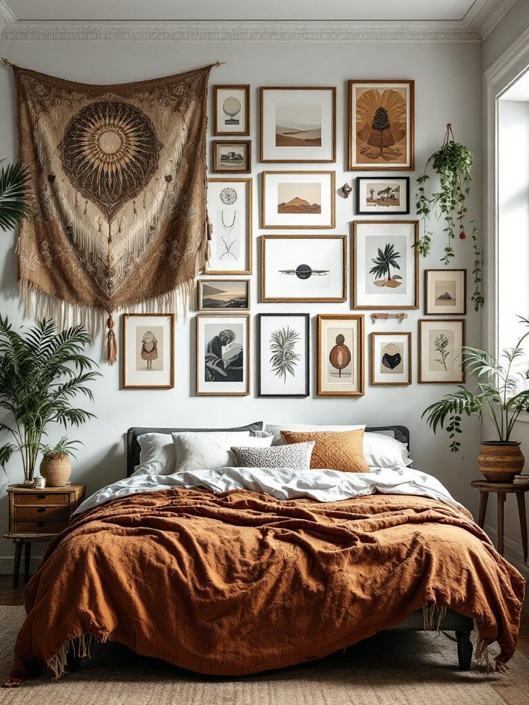 Boho bedroom with eclectic wall art, framed pieces, tapestries, and photos creating a unique gallery wall.
