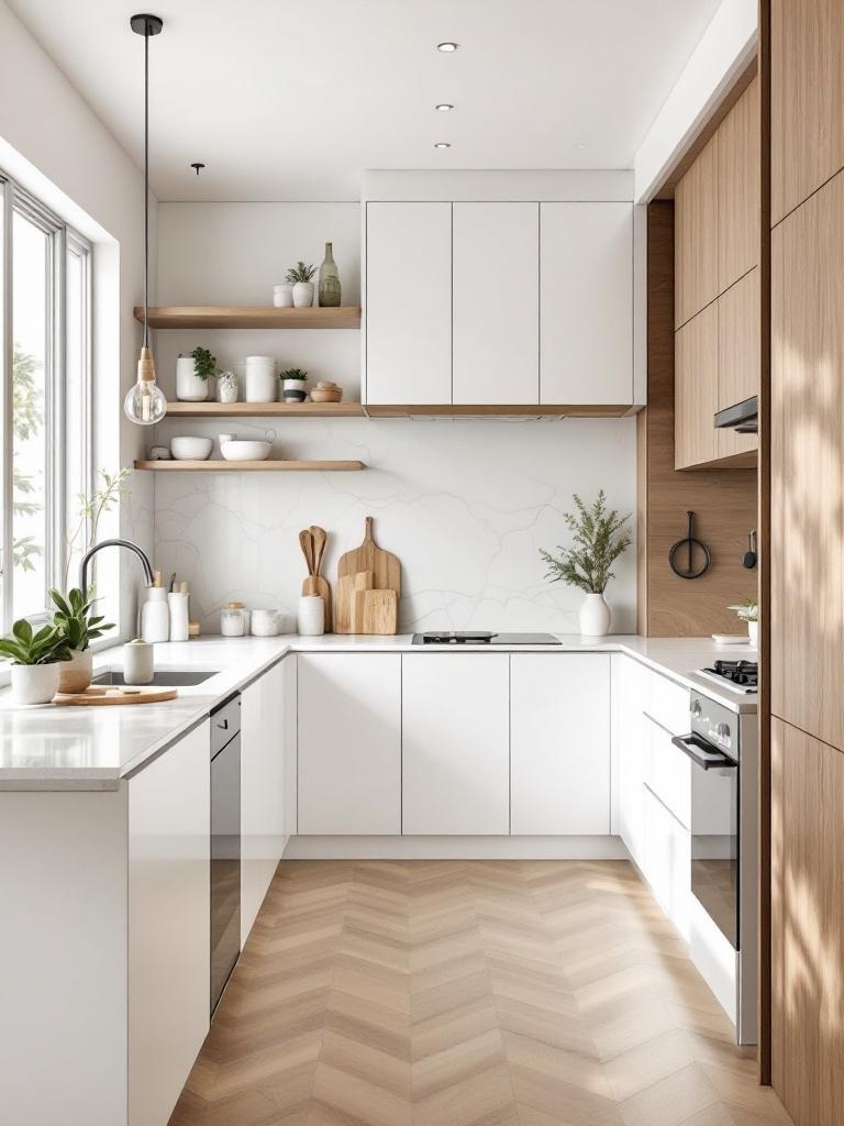 Eco-friendly white and wood kitchen with sustainable materials and low-VOC finishes for healthy living.