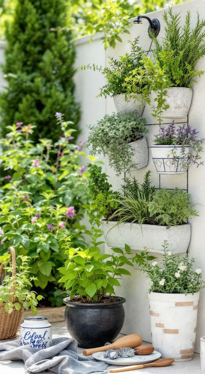 Edible herb garden by poolside with basil, mint, and rosemary in decorative pots and vertical planters.