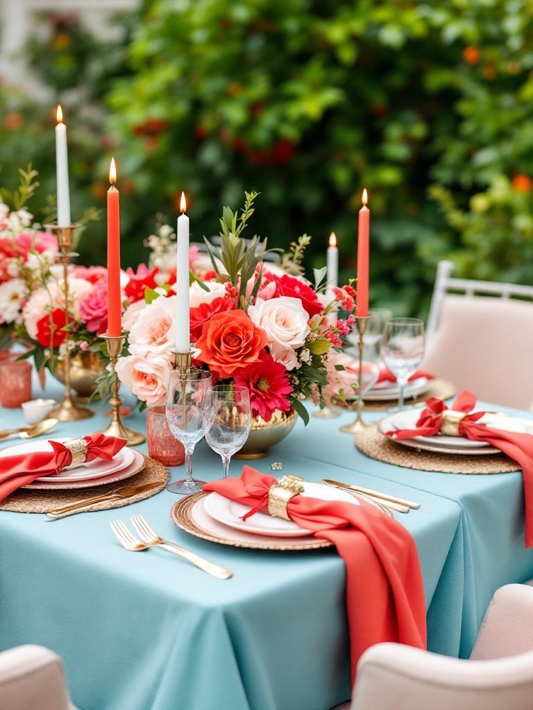 Elegant summer tablescape with aqua tablecloth, coral napkins, flowers, and candle holders for luxury.