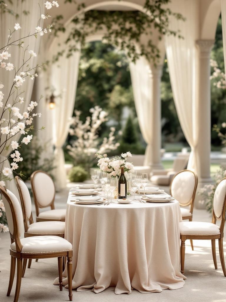 Elegant garden soirée with fine linens, upscale table settings, pastel colors, and gourmet hors d'oeuvres.